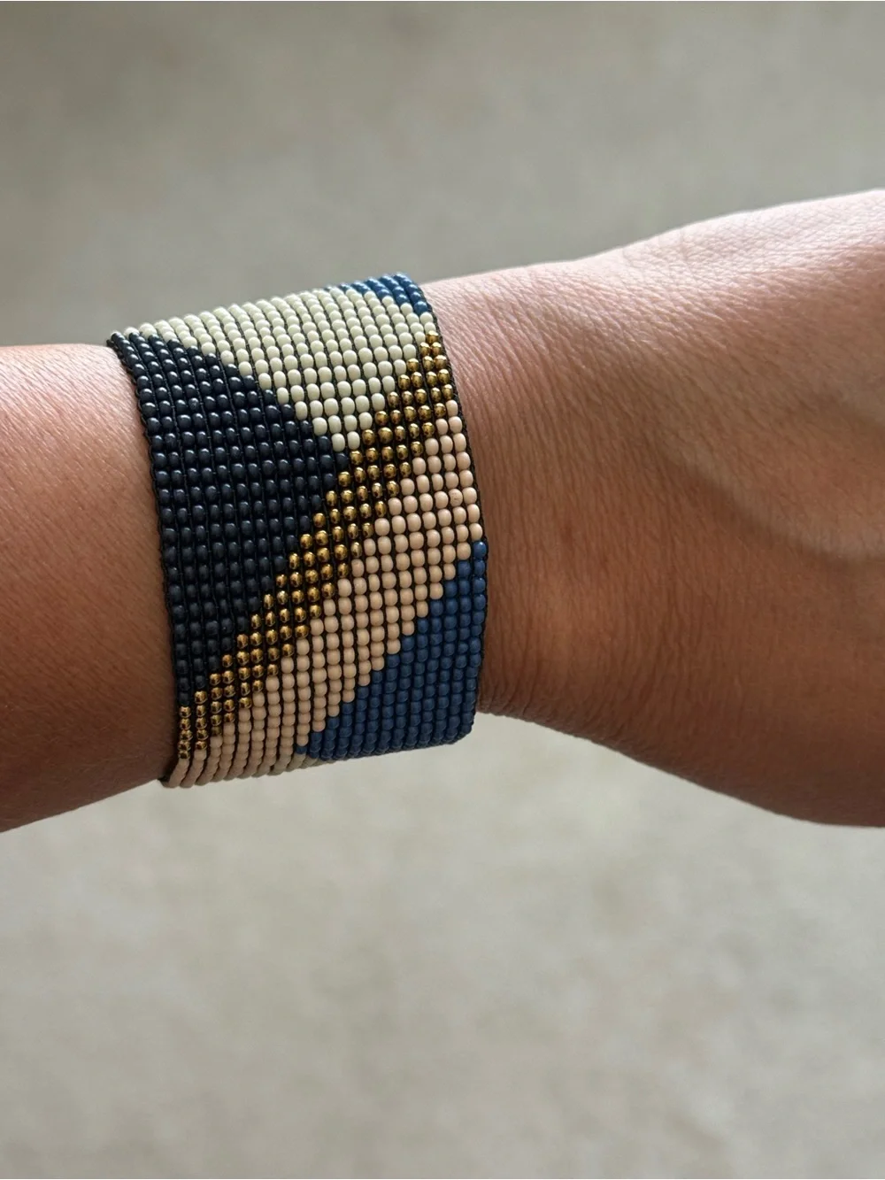 Ink & Allow Beaded Wide Cuff Bracelet in Navy, Cream & Gold
